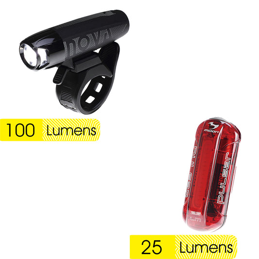 NOVA 100LM HEADLIGHT + PULSAR 25LM TAILLIGHT REPLACEABLE BATTERY COMBO SET